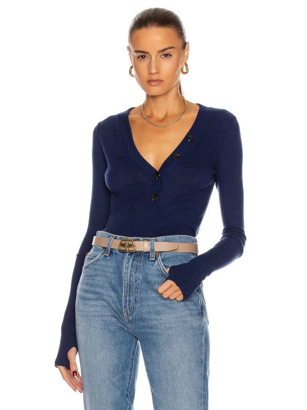 Enza Costa French Blue Cotton Cashmere Henley Knit Long Sleeve Top L